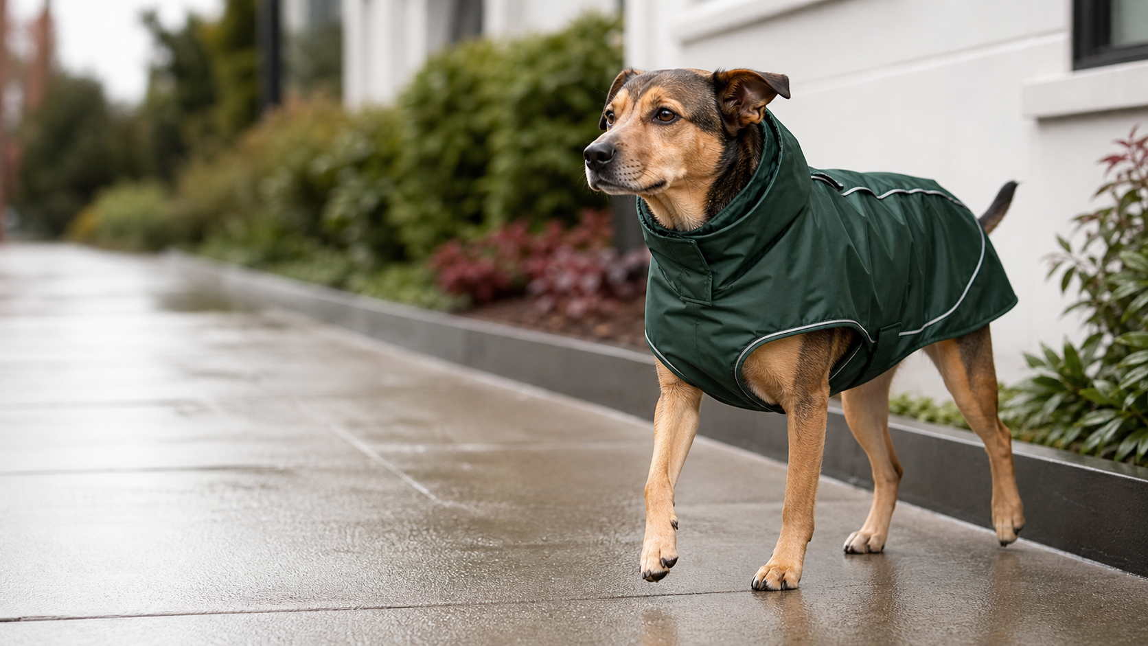 Dog wearing a fitted waterproof rain shell on a rainy city walk