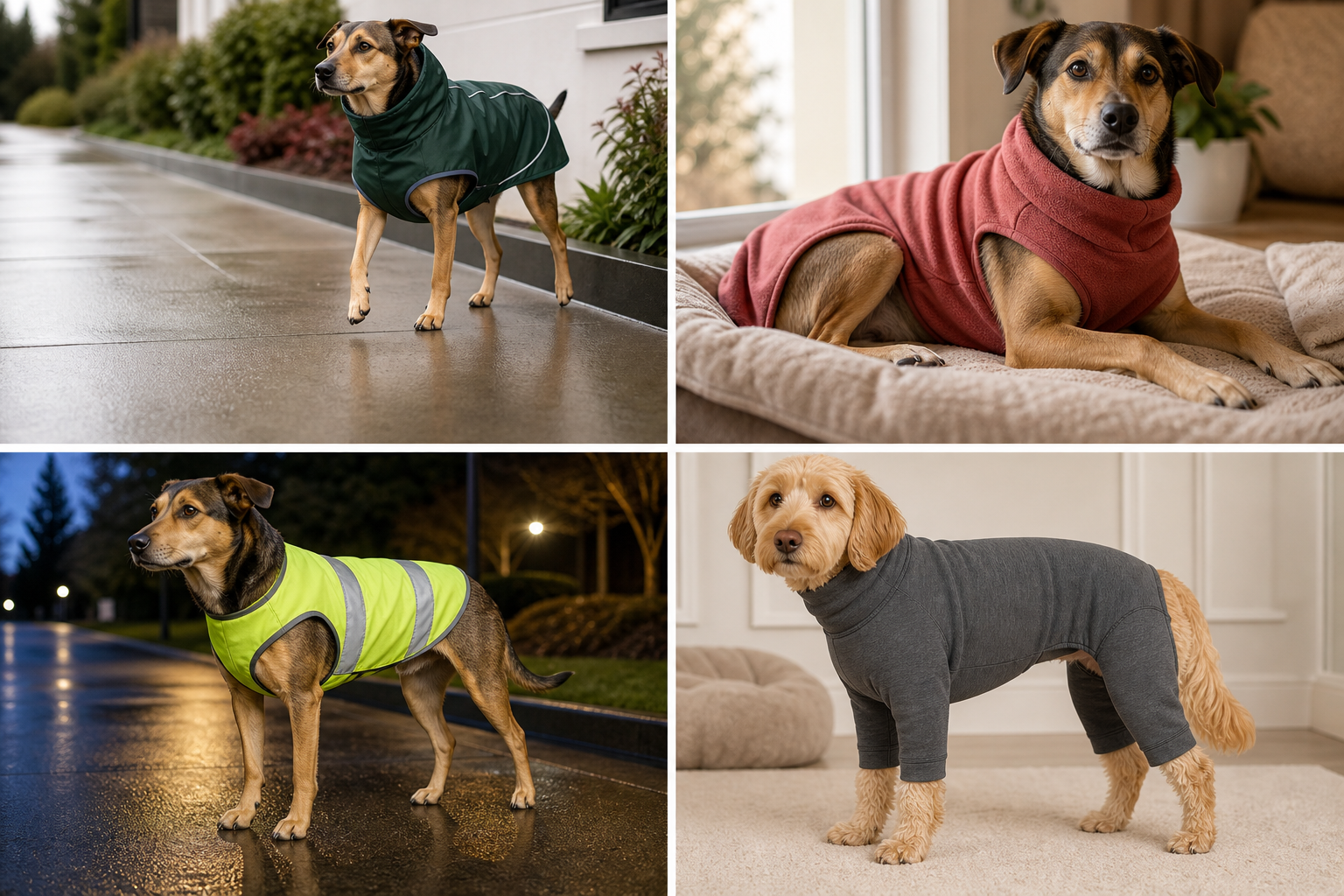 Four PetCloth product lines: rain shell, fleece layer, reflective vest, and recovery suit